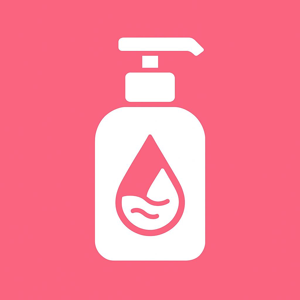Frascos de lubricante híbrido con gotas y ondas sobre fondo rosa minimalista