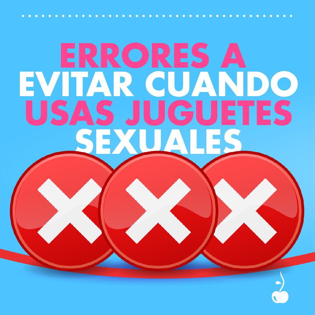Ilustración digital colorida de cuatro juguetes sexuales con íconos de advertencia