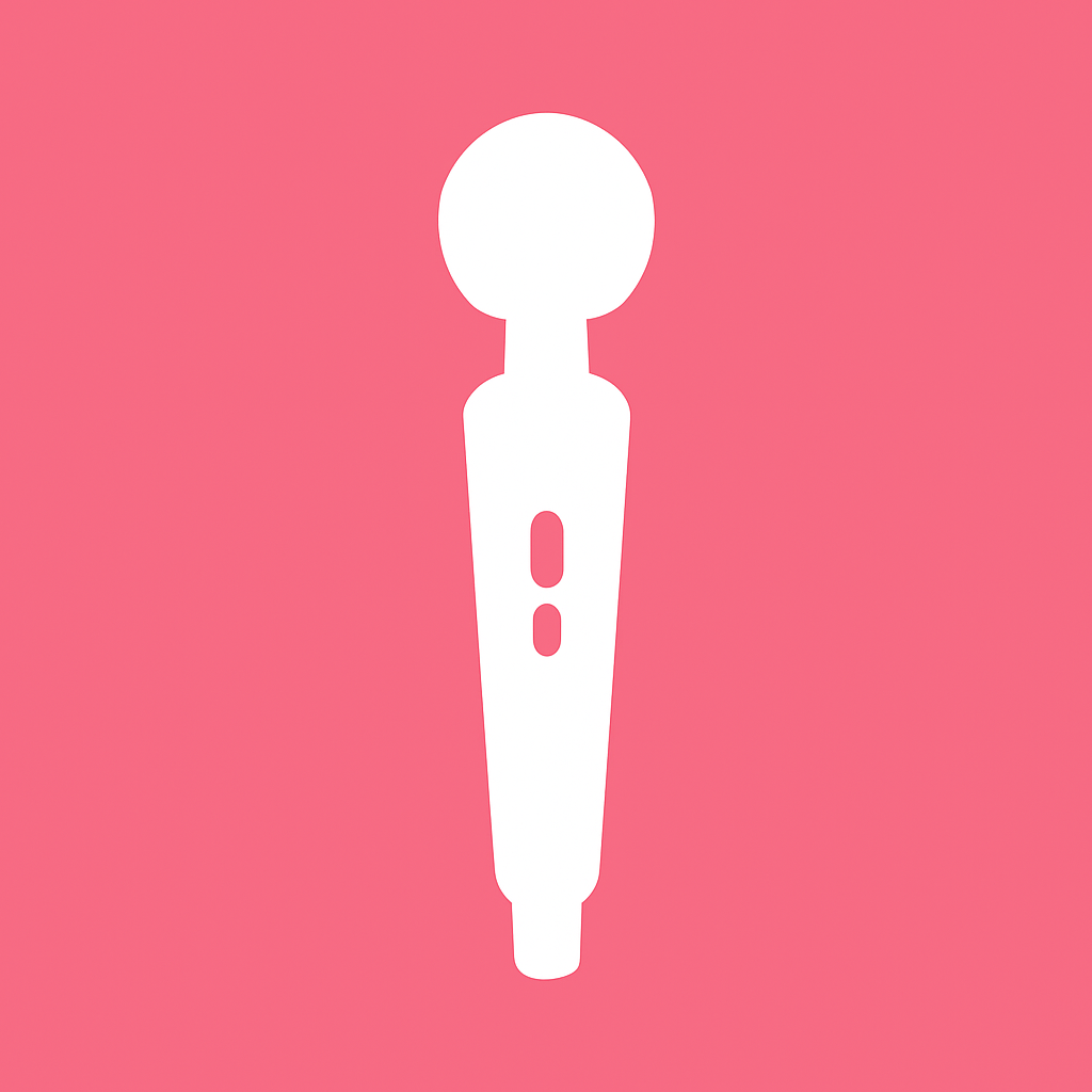 Ilustración minimalista de un masajeador tipo Hitachi blanco sobre fondo rosa