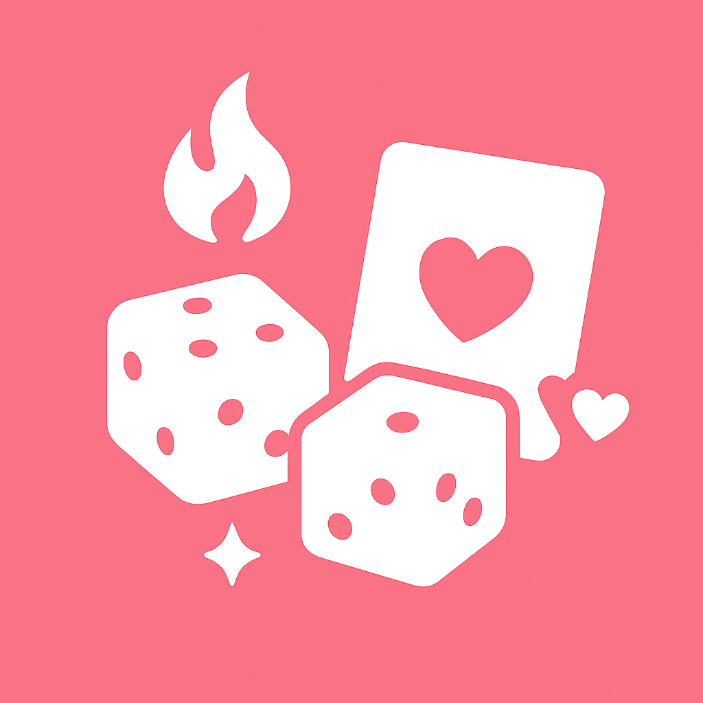 Juegos eróticos con cartas, dados y corazones sobre fondo rosa estilo minimalista