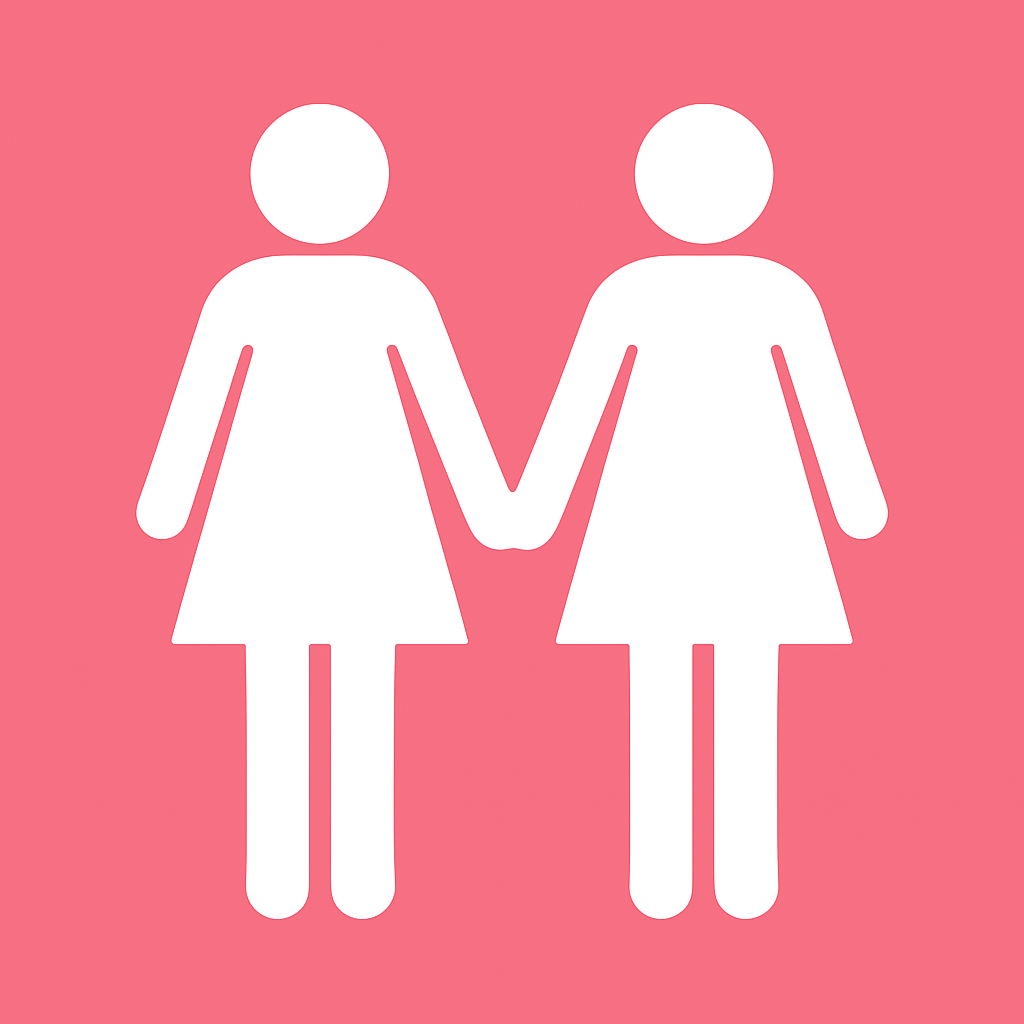 Ilustración de juguetes para pareja lésbica sobre fondo rosa, incluyendo arnés y doble consolador