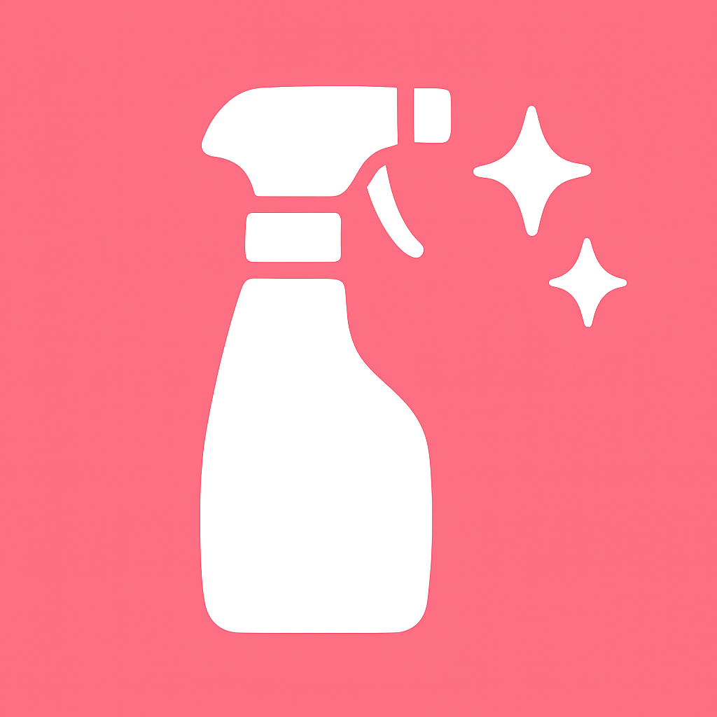 Spray limpiador de juguetes sobre fondo rosa con brillos
