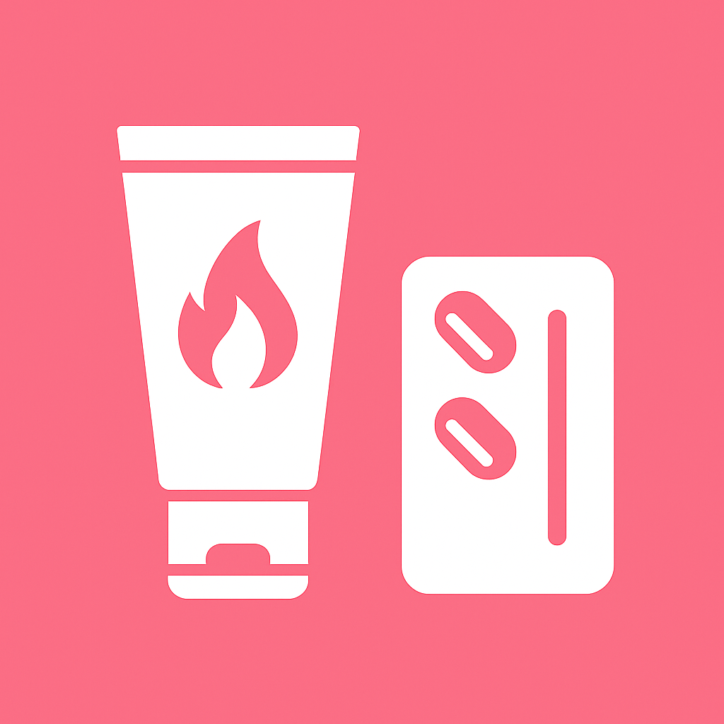 Crema íntima con llamas y blister con pastillas sobre fondo rosa